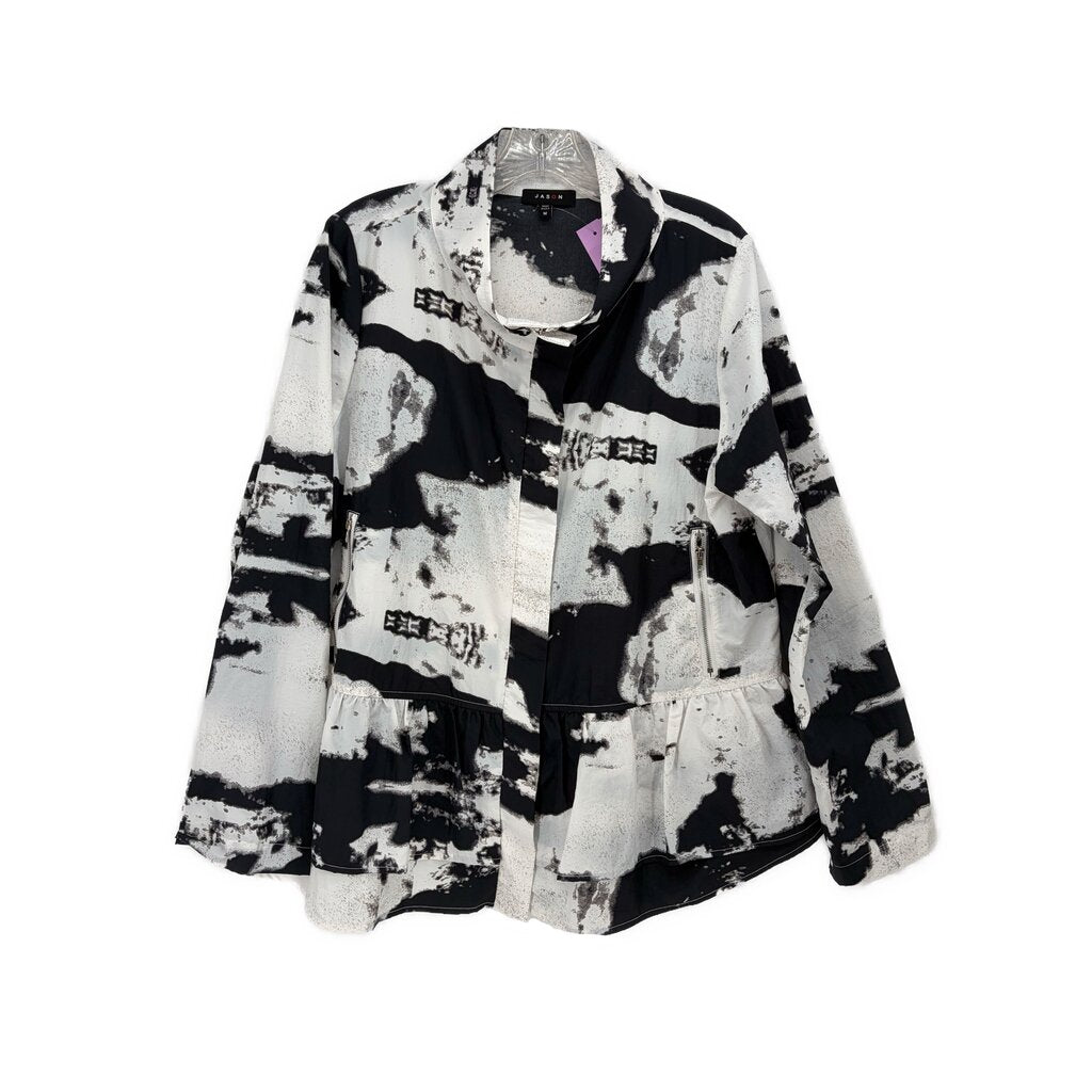 Black and white abstract print button-front long sleeve top