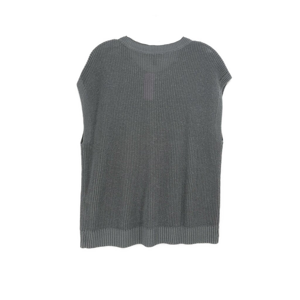 Gray sleeveless knit sweater with ribbed crew neck and straight hem