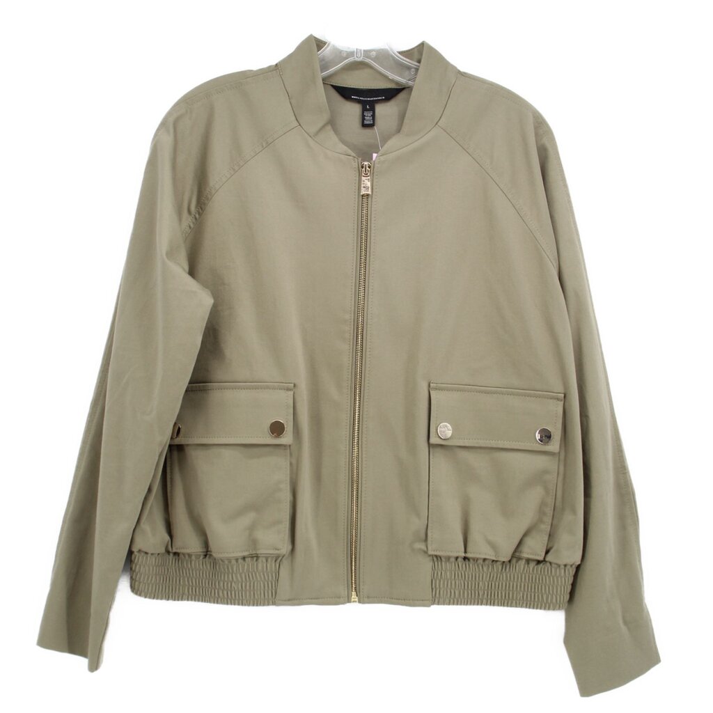 Olive zip-up jacket with snap flap chest pockets and ribbed hem