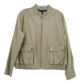 Olive zip-up jacket with snap flap chest pockets and ribbed hem