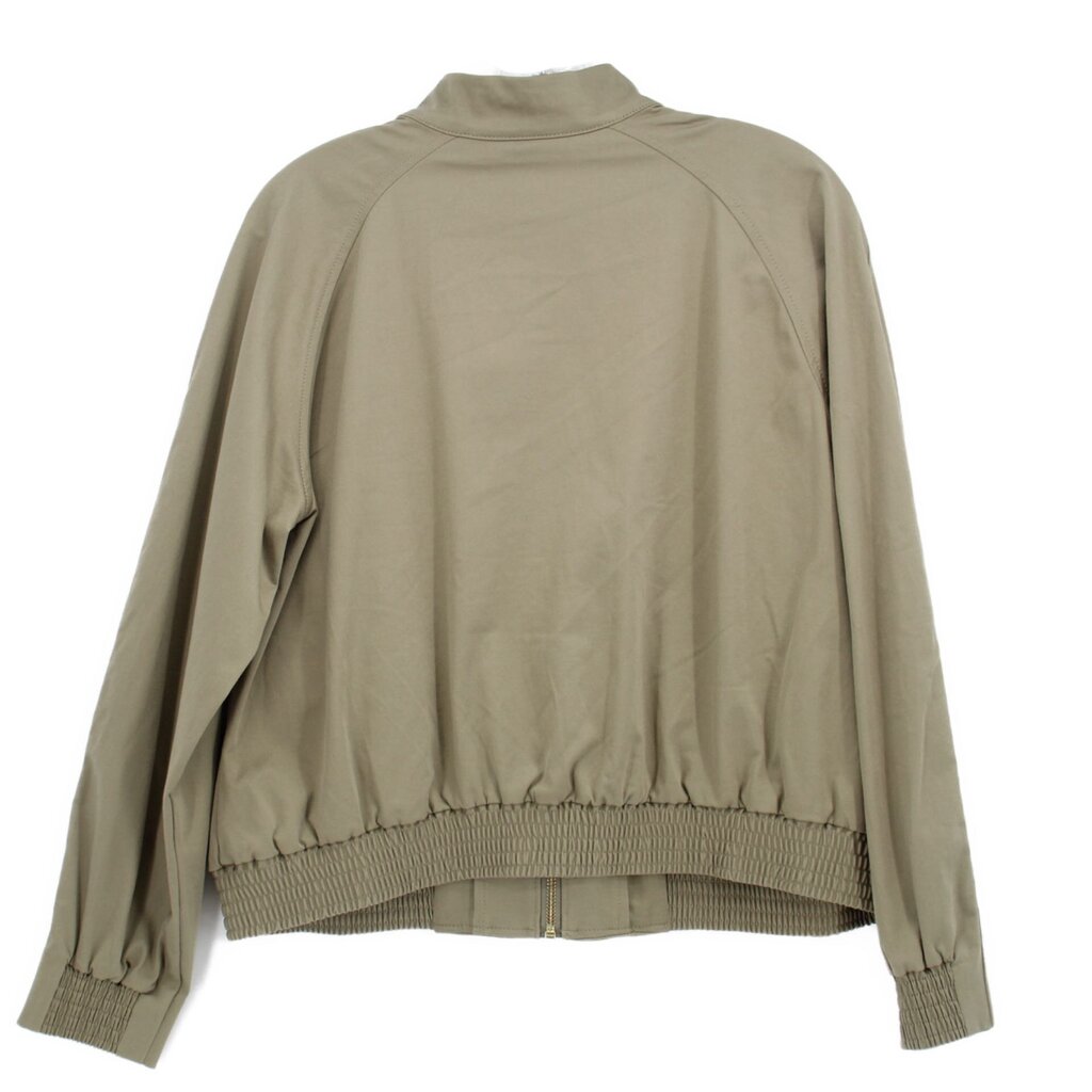 Olive back view of zip jacket with ribbed cuffs and waistband