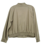 Olive back view of zip jacket with ribbed cuffs and waistband
