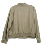 Olive zip-front bomber jacket back view with ribbed hem and cuffs