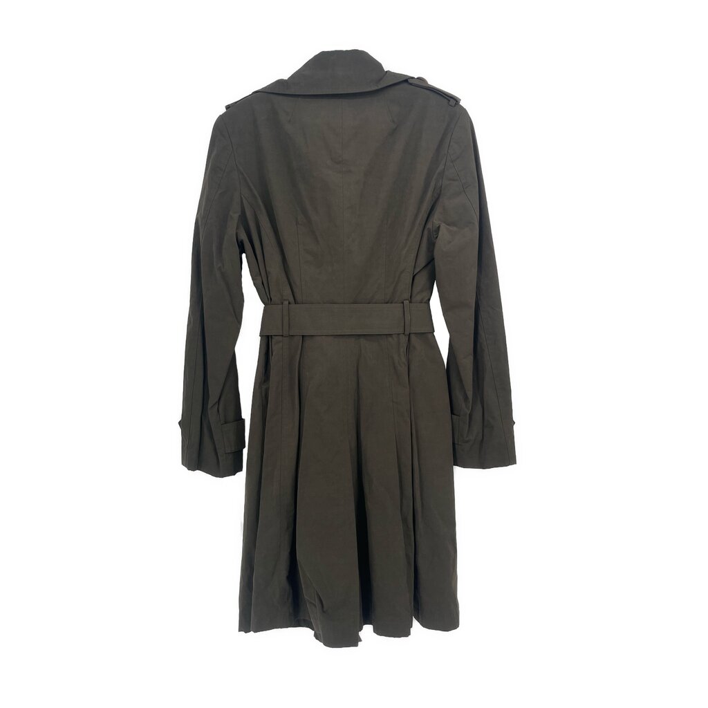 Women's dark trench coat, back view, belted waist and pleated skirt