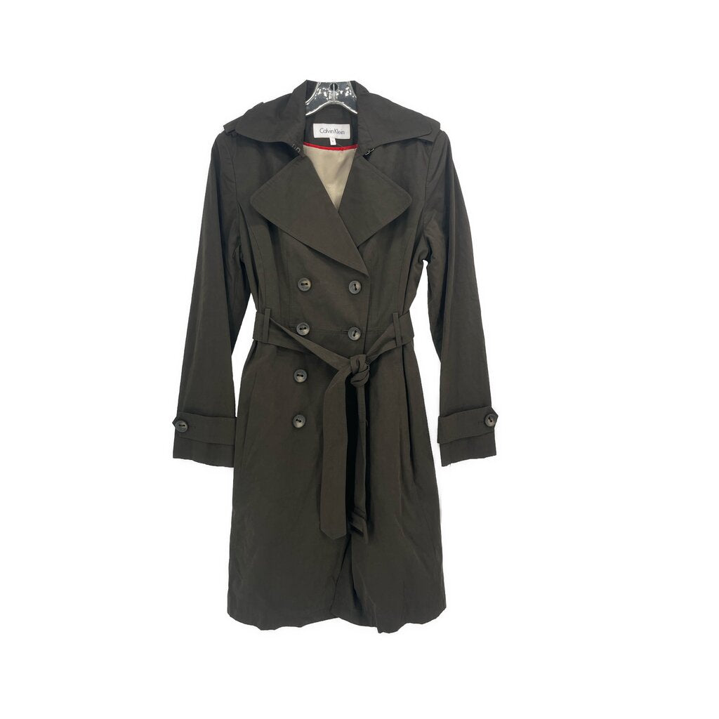 Women's dark trench coat with double-breasted buttons, belt tie and notched collar