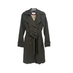 Women's dark trench coat with double-breasted buttons, belt tie and notched collar