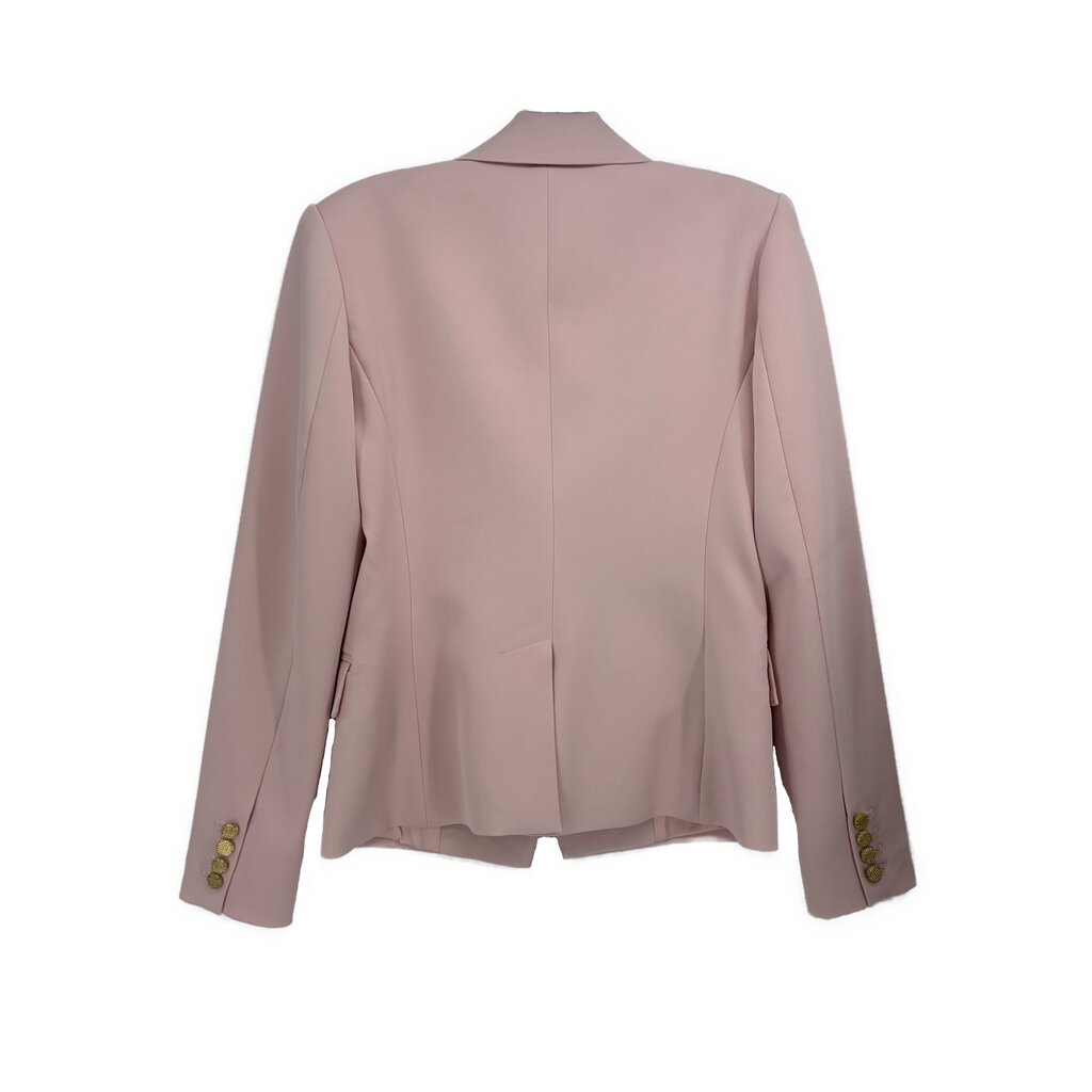 Pink double-breasted blazer back view with tailored seams and vented hem