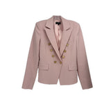 Pink double-breasted blazer with gold buttons, notch lapels, and front pockets