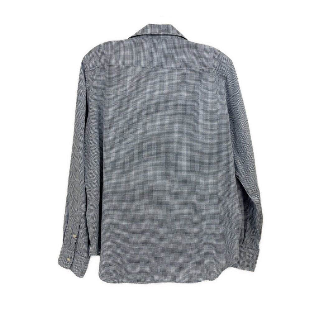 Blue plaid button-up shirt top, long sleeves, back view