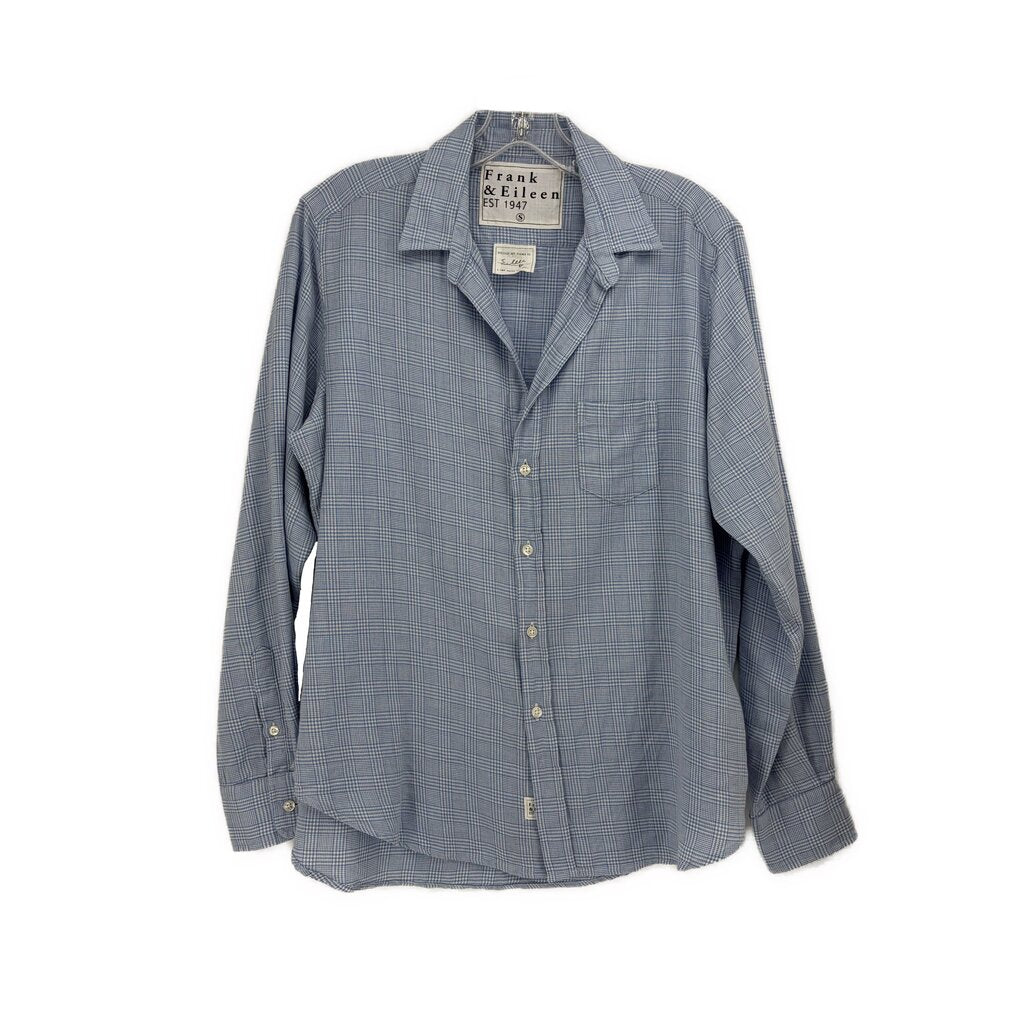 Blue plaid button-up shirt top, long sleeves, pointed collar