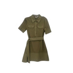 Green short-sleeve shirt dress with front buttons, chest pockets, and tie belt