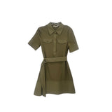 Green short-sleeve shirt dress with front buttons, chest pockets, and tie belt