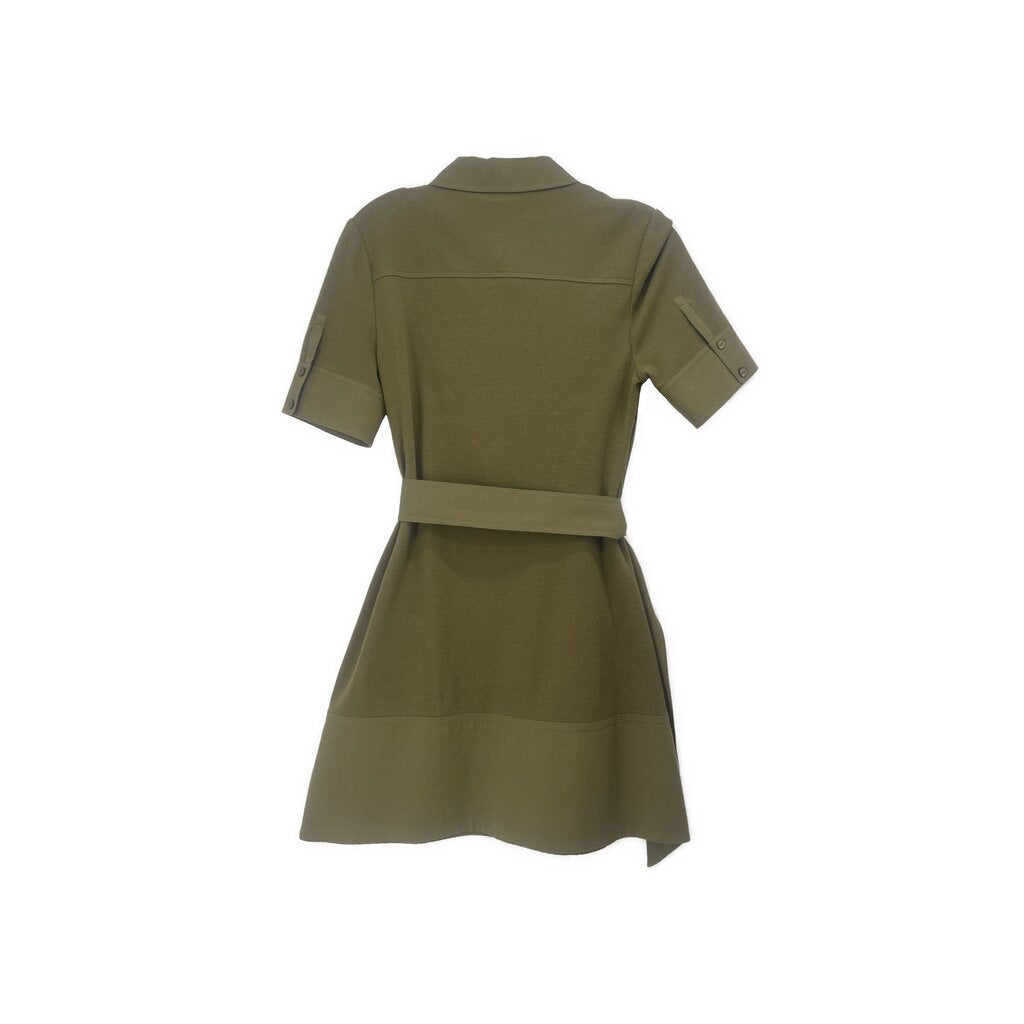Green short-sleeve shirt dress, back view with tie belt and buttoned collar
