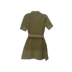 Green short-sleeve shirt dress, back view with tie belt and buttoned collar