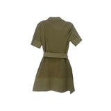 Green short-sleeve shirt dress, back view with tie belt and buttoned collar