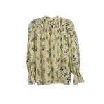 Cream printed long-sleeve blouse with gathered yoke and ruffled neckline