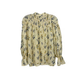 Cream printed long-sleeve blouse with gathered yoke and ruffled neckline