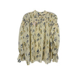 Cream printed blouse with button placket and long balloon sleeves, ruffled trim