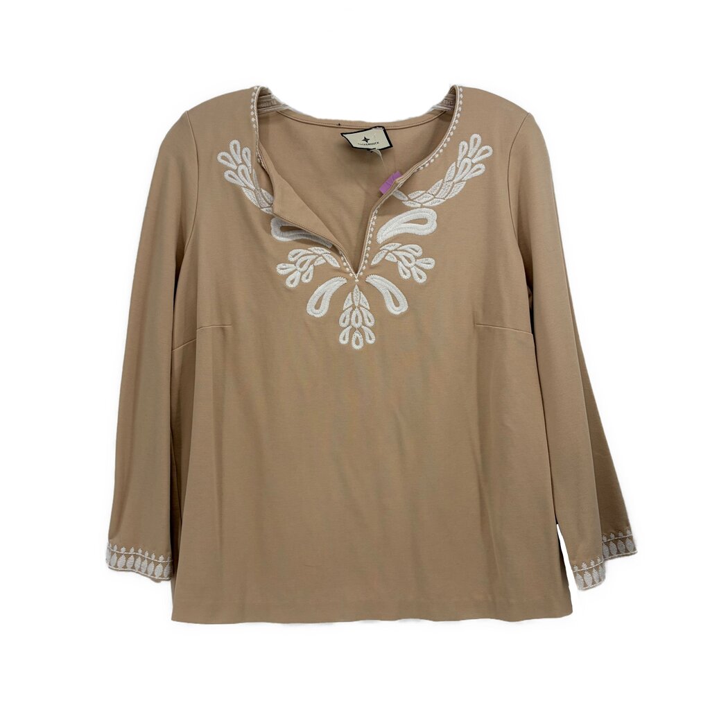 Tan embroidered peasant-style top with three-quarter sleeves and scoop neckline