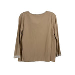 Tan blouse top with rounded neckline and cuffed embroidered hem