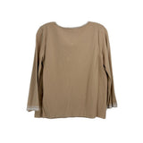 Tan blouse top with rounded neckline and cuffed embroidered hem