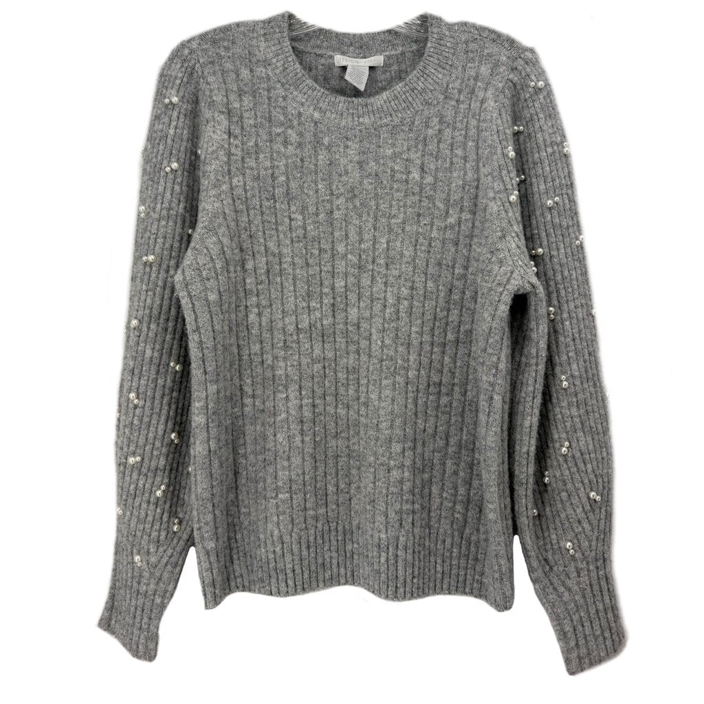 Gray ribbed sweater with a crew neck and pearl accents along the sleeves