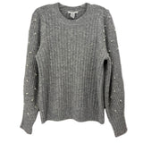 Gray ribbed sweater with a crew neck and pearl accents along the sleeves