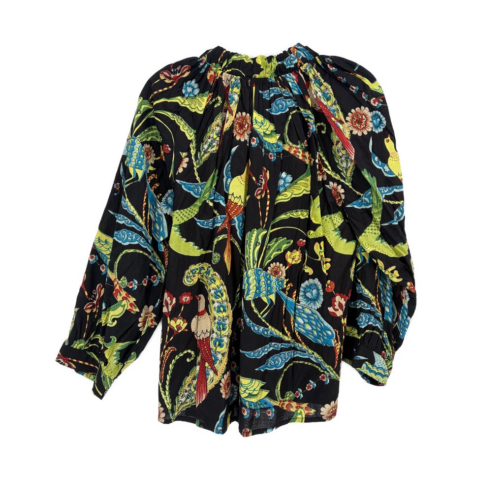 Black long-sleeve printed blouse with gathered neckline and loose swing silhouette