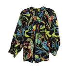 Black long-sleeve printed blouse with gathered neckline and loose swing silhouette
