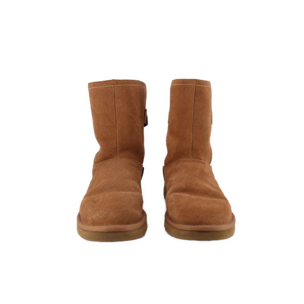 Chestnut suede mid-calf boots, pair view with rubber outsole