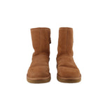 Chestnut suede mid-calf boots, pair view with rubber outsole