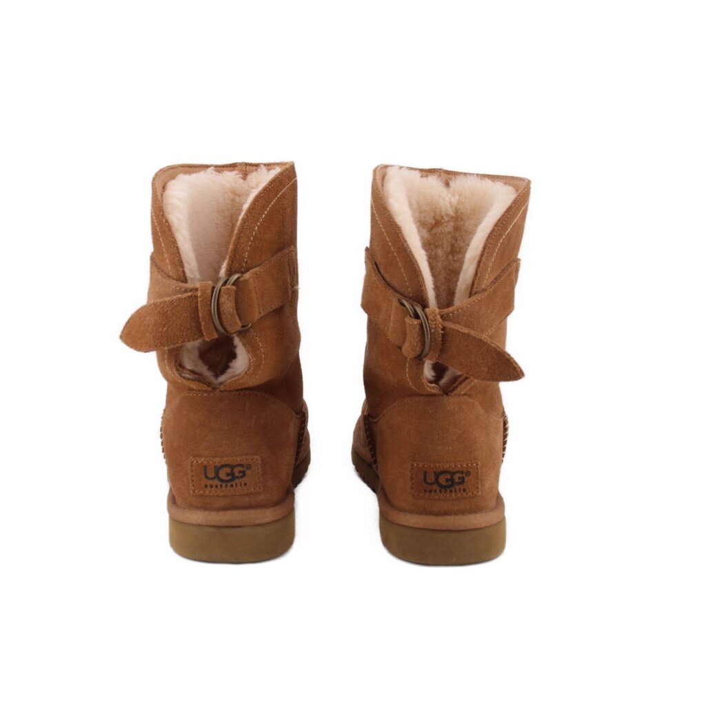Chestnut suede boots with shearling lining, side strap, and UGG heel label