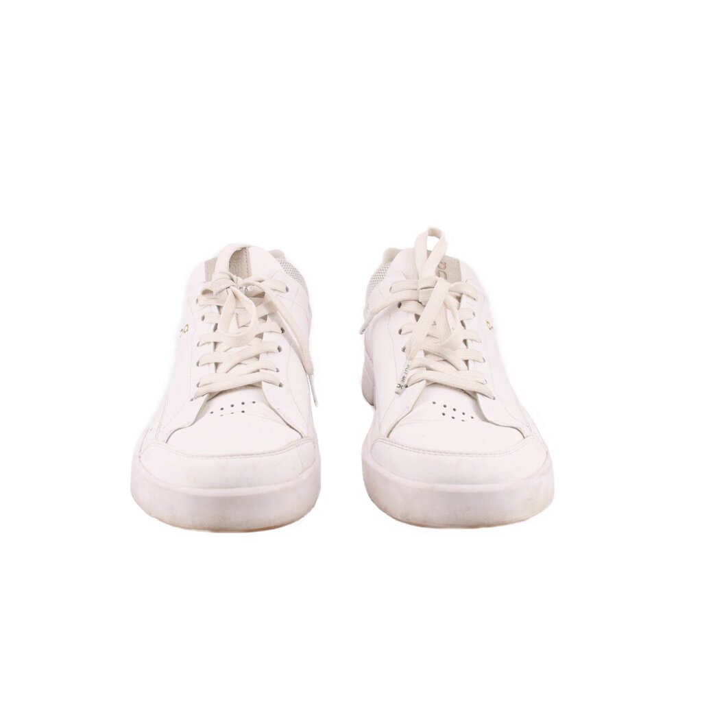 Pair of white lace-up sneakers, front view with small perforations and flat sole
