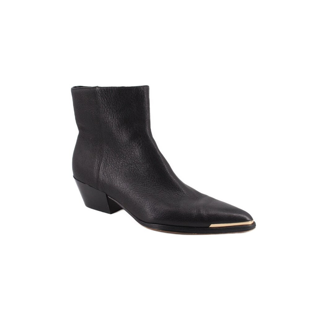 Black leather ankle booties with block heel and pointed toe