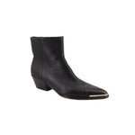 Black leather ankle booties with block heel and pointed toe