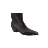 Black leather ankle booties with block heel and pointed toe