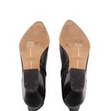 Black leather ankle booties inside and outsole view with block heel