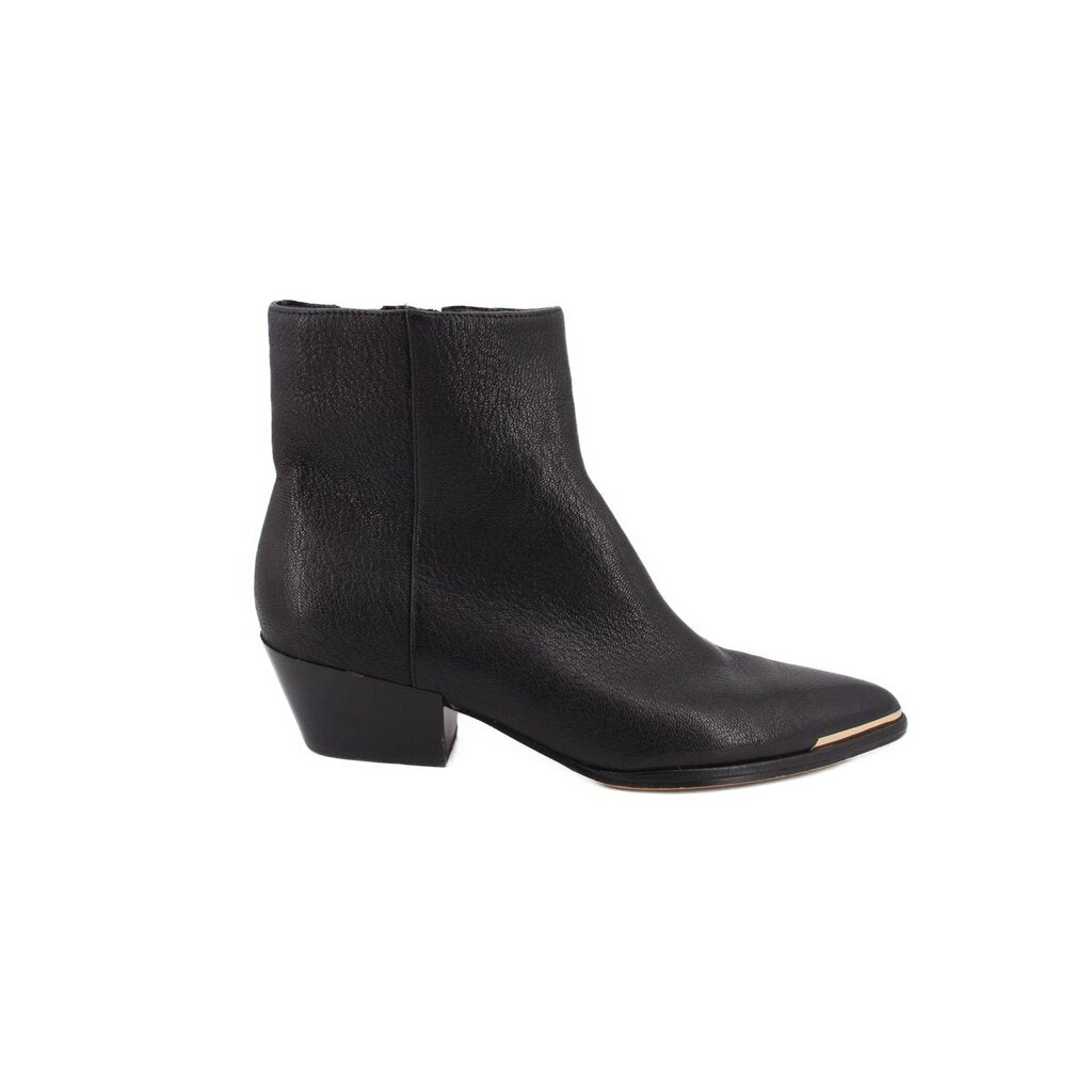 Black leather ankle booties with chunky block heel and pointed toe