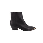 Black leather ankle booties with chunky block heel and pointed toe