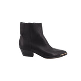 Black leather ankle booties with chunky block heel and pointed toe