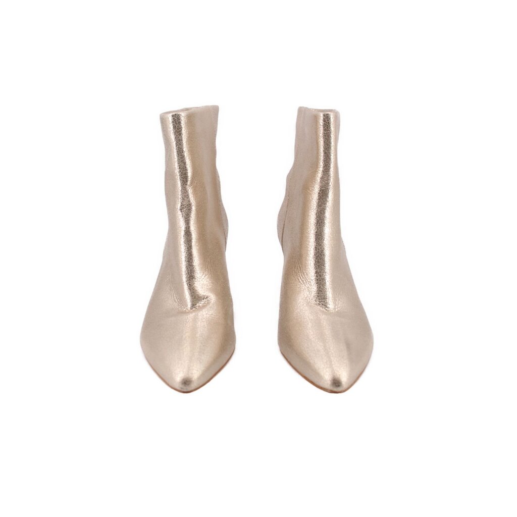 Pair of metallic gold ankle booties, front view, pointed toe