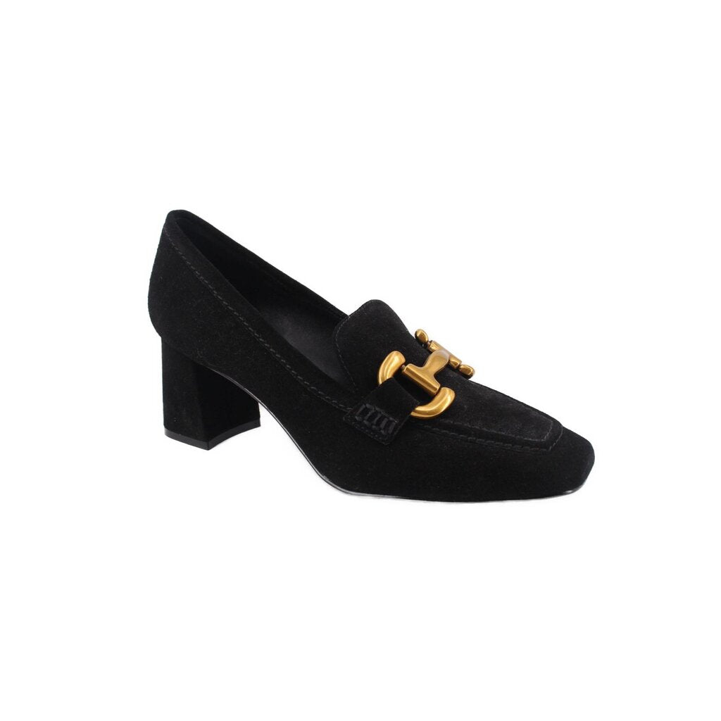 Black suede loafer heels with gold buckle detail and block heel