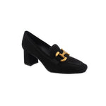 Black suede loafer heels with gold buckle detail and block heel