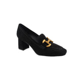 Black suede loafer heels with gold buckle detail and block heel