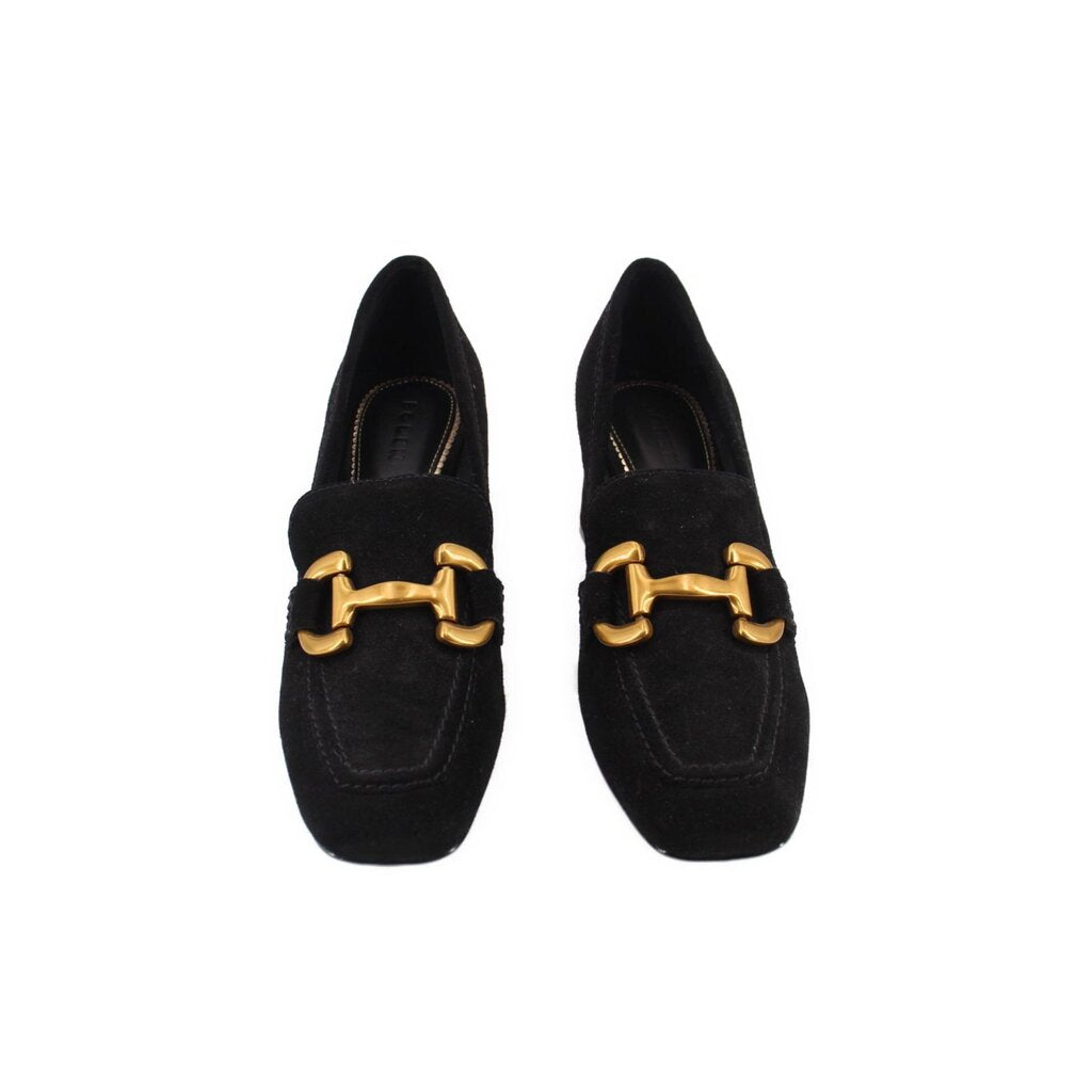 Pair of black suede loafer heels with gold-tone bit bar detail