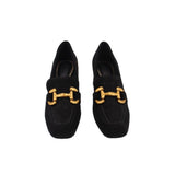 Pair of black suede loafer heels with gold-tone bit bar detail