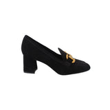Black suede loafer heels with gold-tone hardware and thick block heel