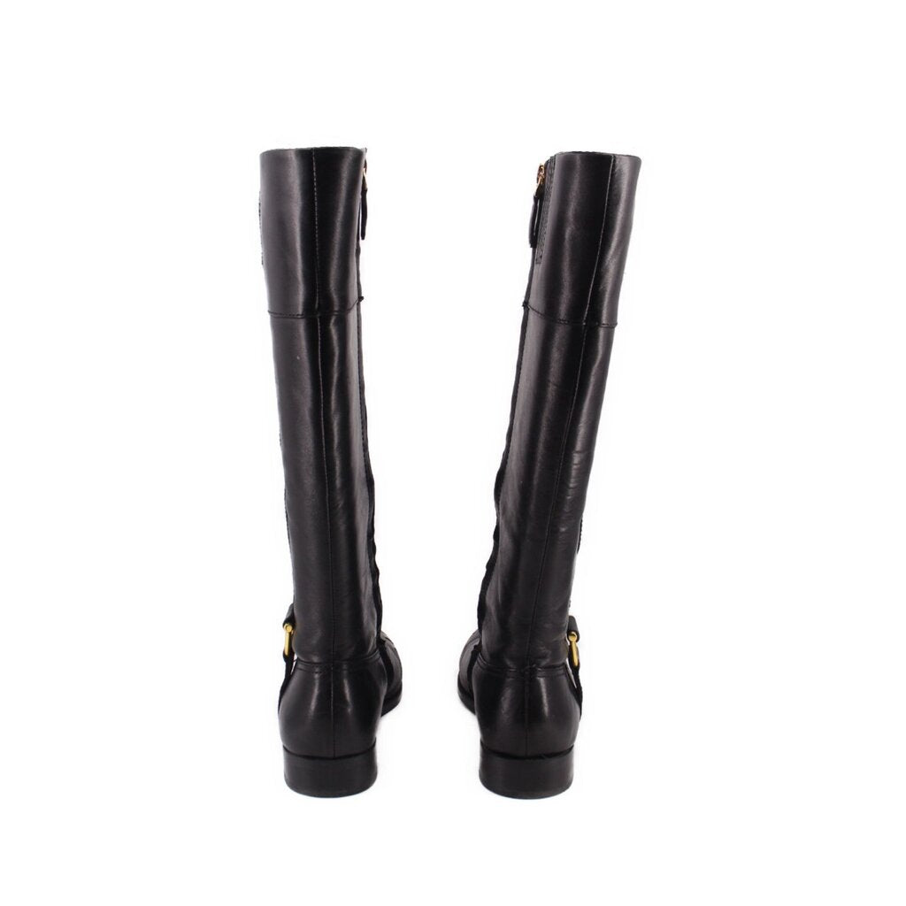 Black knee-high leather boots from back view with gold side buckle