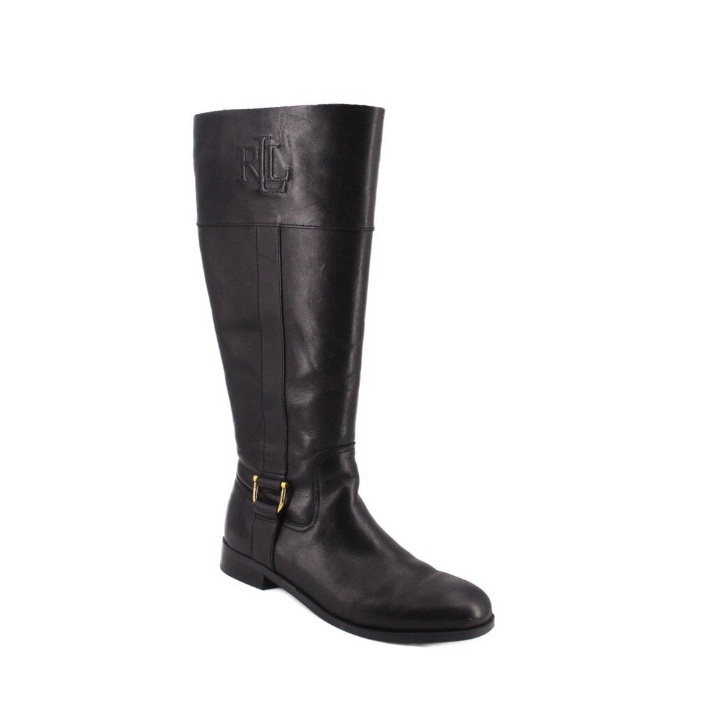 Black knee-high leather boots with gold buckle detail and logo at shaft