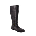 Black knee-high leather boots with gold buckle detail and logo at shaft